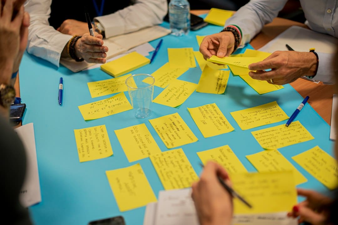 Business team discussing ideas during a website discovery workshop